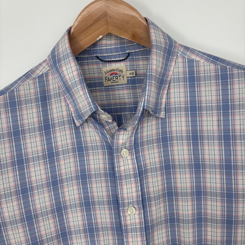 Faherty Movement Shirt Men M Blue Plaid Supima Cotton Stretch Summer Lightweight